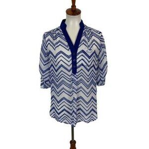 Takara Womens Blouse Small Blue White Top Printed Boho Workwear‎ Chic